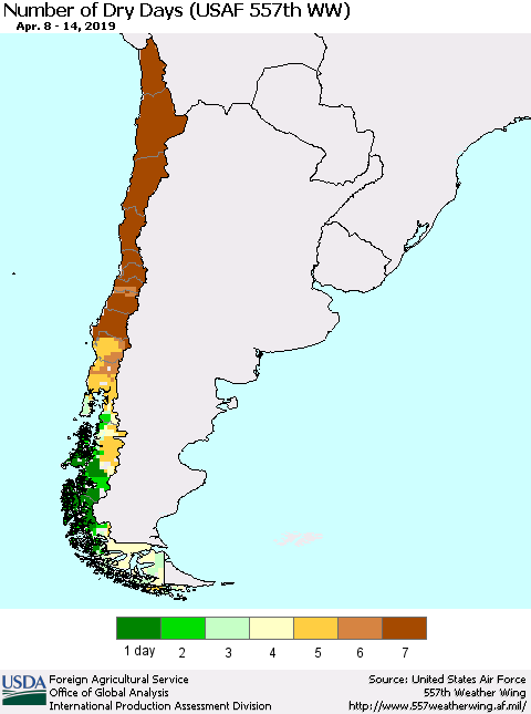 Chile Number of Dry Days (USAF 557th WW) Thematic Map For 4/8/2019 - 4/14/2019