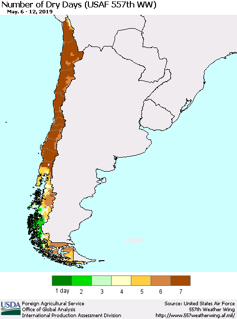 Chile Number of Dry Days (USAF 557th WW) Thematic Map For 5/6/2019 - 5/12/2019