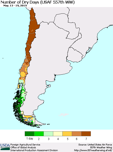 Chile Number of Dry Days (USAF 557th WW) Thematic Map For 5/13/2019 - 5/19/2019