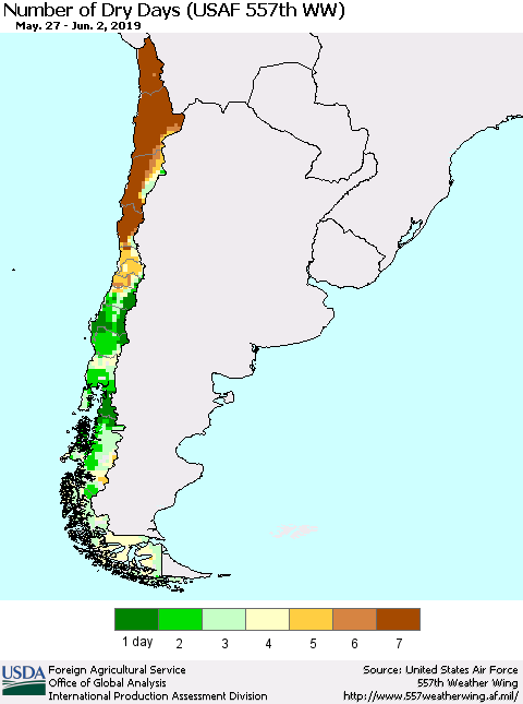 Chile Number of Dry Days (USAF 557th WW) Thematic Map For 5/27/2019 - 6/2/2019