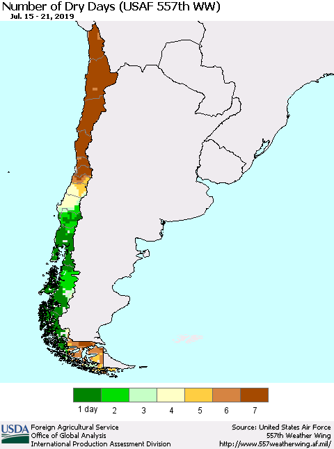 Chile Number of Dry Days (USAF 557th WW) Thematic Map For 7/15/2019 - 7/21/2019