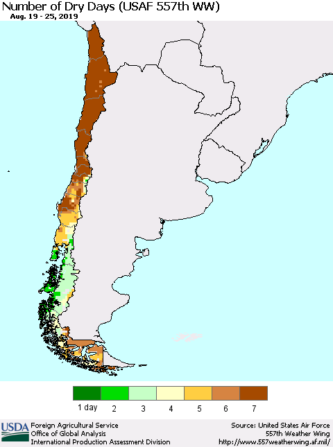Chile Number of Dry Days (USAF 557th WW) Thematic Map For 8/19/2019 - 8/25/2019
