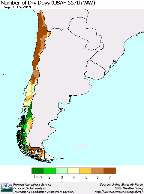 Chile Number of Dry Days (USAF 557th WW) Thematic Map For 9/9/2019 - 9/15/2019