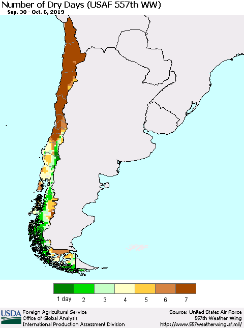 Chile Number of Dry Days (USAF 557th WW) Thematic Map For 9/30/2019 - 10/6/2019