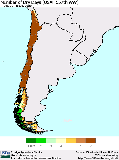 Chile Number of Dry Days (USAF 557th WW) Thematic Map For 12/30/2019 - 1/5/2020