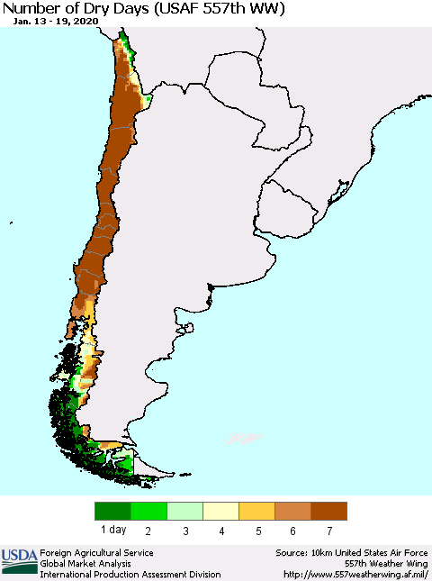 Chile Number of Dry Days (USAF 557th WW) Thematic Map For 1/13/2020 - 1/19/2020