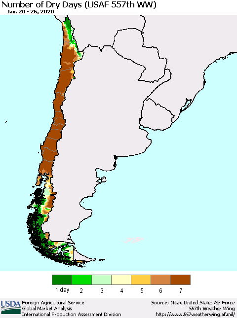 Chile Number of Dry Days (USAF 557th WW) Thematic Map For 1/20/2020 - 1/26/2020