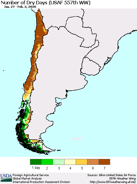 Chile Number of Dry Days (USAF 557th WW) Thematic Map For 1/27/2020 - 2/2/2020