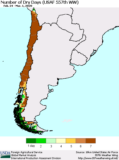 Chile Number of Dry Days (USAF 557th WW) Thematic Map For 2/24/2020 - 3/1/2020