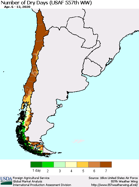 Chile Number of Dry Days (USAF 557th WW) Thematic Map For 4/6/2020 - 4/12/2020