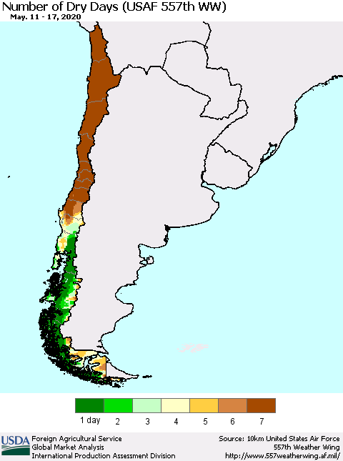 Chile Number of Dry Days (USAF 557th WW) Thematic Map For 5/11/2020 - 5/17/2020