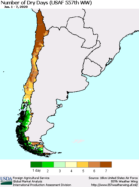 Chile Number of Dry Days (USAF 557th WW) Thematic Map For 6/1/2020 - 6/7/2020