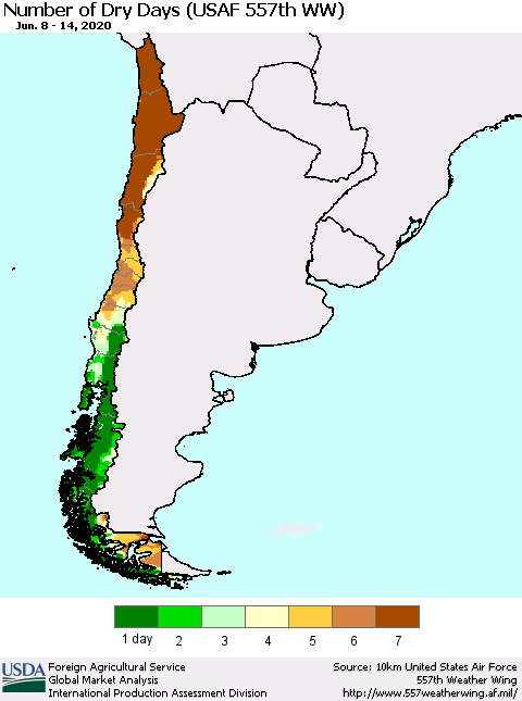 Chile Number of Dry Days (USAF 557th WW) Thematic Map For 6/8/2020 - 6/14/2020