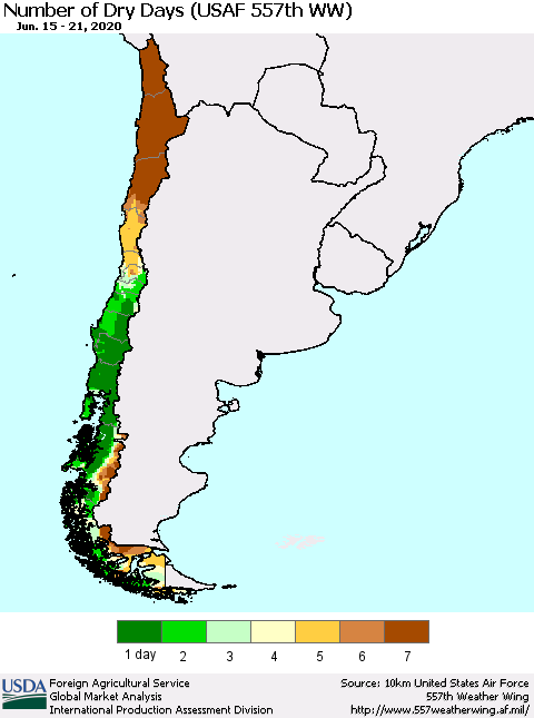 Chile Number of Dry Days (USAF 557th WW) Thematic Map For 6/15/2020 - 6/21/2020