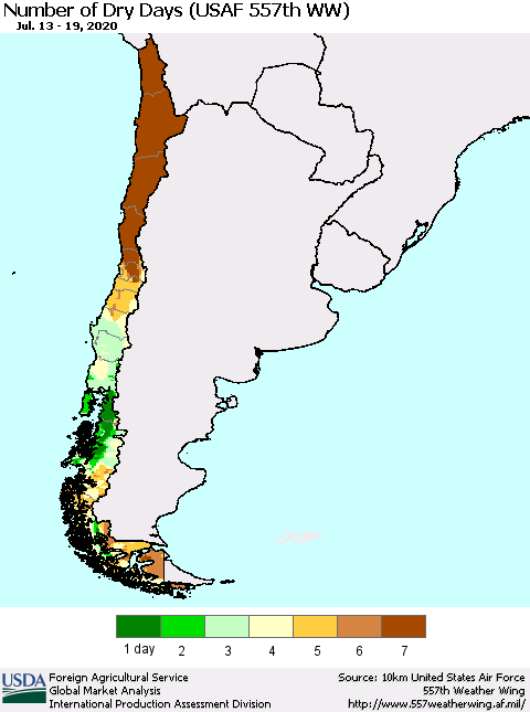 Chile Number of Dry Days (USAF 557th WW) Thematic Map For 7/13/2020 - 7/19/2020