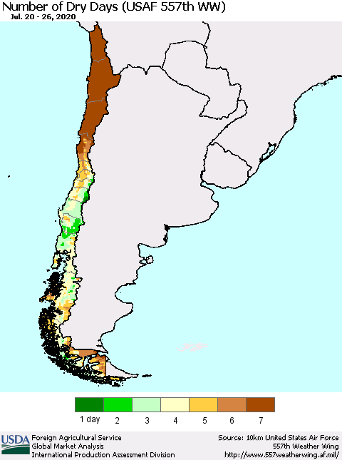 Chile Number of Dry Days (USAF 557th WW) Thematic Map For 7/20/2020 - 7/26/2020