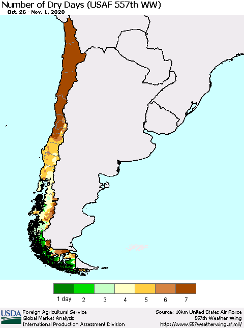 Chile Number of Dry Days (USAF 557th WW) Thematic Map For 10/26/2020 - 11/1/2020