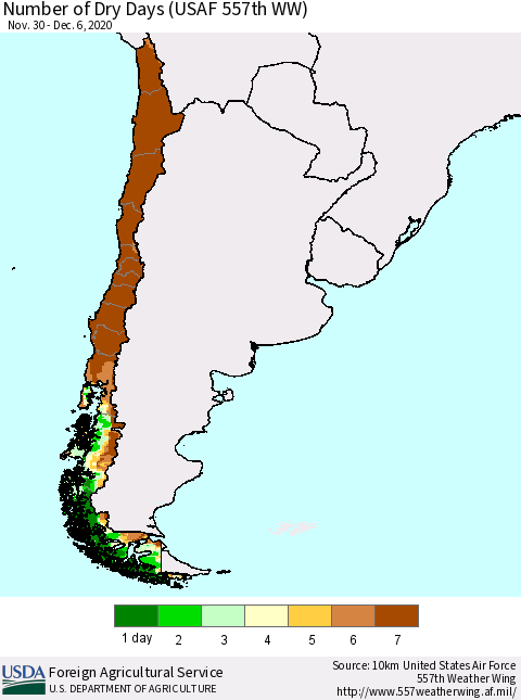 Chile Number of Dry Days (USAF 557th WW) Thematic Map For 11/30/2020 - 12/6/2020