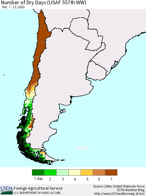 Chile Number of Dry Days (USAF 557th WW) Thematic Map For 12/7/2020 - 12/13/2020