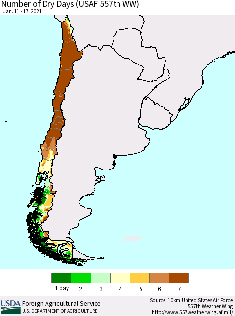 Chile Number of Dry Days (USAF 557th WW) Thematic Map For 1/11/2021 - 1/17/2021