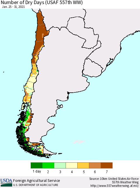 Chile Number of Dry Days (USAF 557th WW) Thematic Map For 1/25/2021 - 1/31/2021