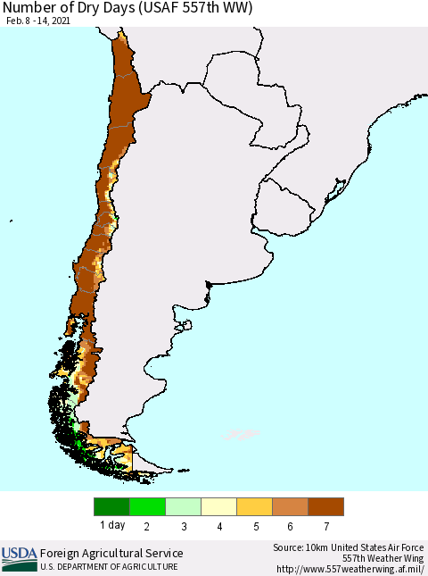 Chile Number of Dry Days (USAF 557th WW) Thematic Map For 2/8/2021 - 2/14/2021