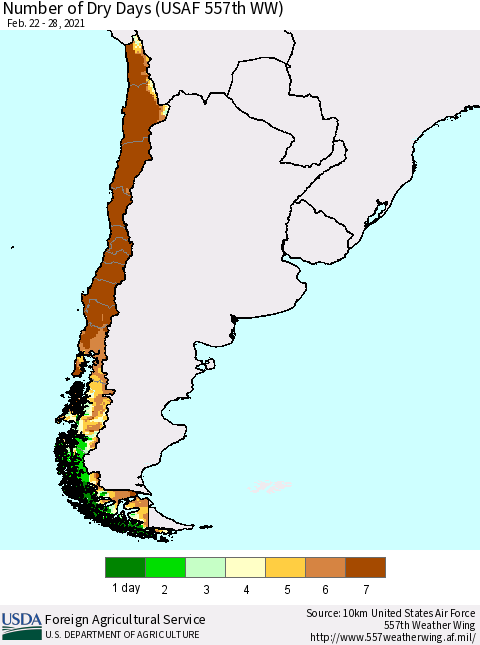 Chile Number of Dry Days (USAF 557th WW) Thematic Map For 2/22/2021 - 2/28/2021