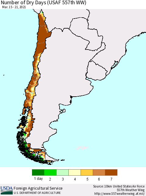 Chile Number of Dry Days (USAF 557th WW) Thematic Map For 3/15/2021 - 3/21/2021