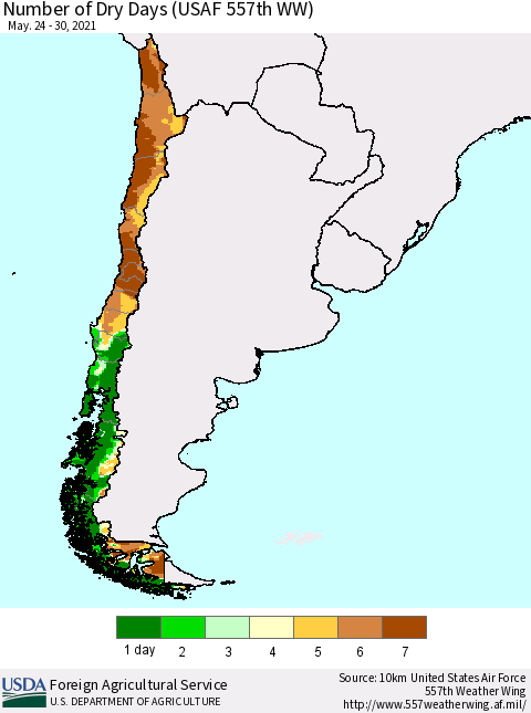 Chile Number of Dry Days (USAF 557th WW) Thematic Map For 5/24/2021 - 5/30/2021