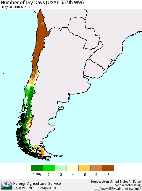 Chile Number of Dry Days (USAF 557th WW) Thematic Map For 5/31/2021 - 6/6/2021