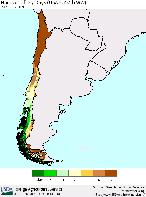 Chile Number of Dry Days (USAF 557th WW) Thematic Map For 9/6/2021 - 9/12/2021
