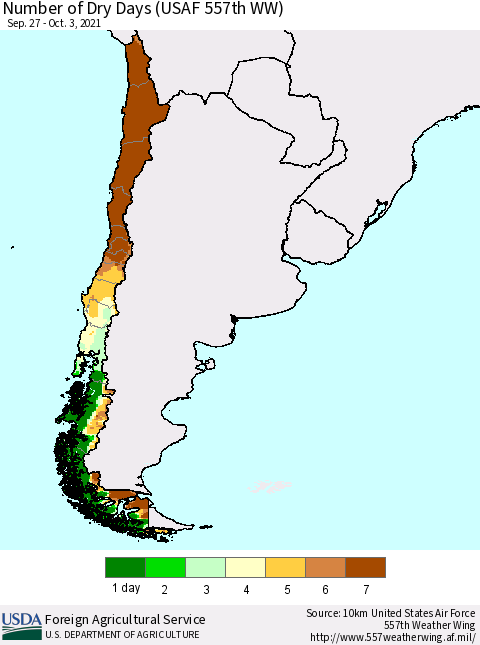 Chile Number of Dry Days (USAF 557th WW) Thematic Map For 9/27/2021 - 10/3/2021