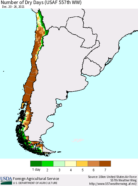 Chile Number of Dry Days (USAF 557th WW) Thematic Map For 12/20/2021 - 12/26/2021