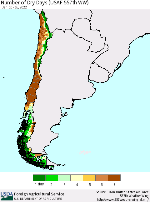 Chile Number of Dry Days (USAF 557th WW) Thematic Map For 1/10/2022 - 1/16/2022