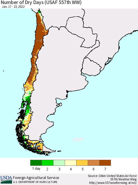 Chile Number of Dry Days (USAF 557th WW) Thematic Map For 1/17/2022 - 1/23/2022