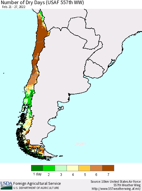Chile Number of Dry Days (USAF 557th WW) Thematic Map For 2/21/2022 - 2/27/2022