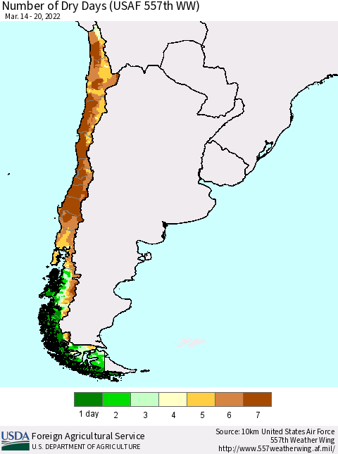 Chile Number of Dry Days (USAF 557th WW) Thematic Map For 3/14/2022 - 3/20/2022