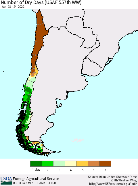 Chile Number of Dry Days (USAF 557th WW) Thematic Map For 4/18/2022 - 4/24/2022