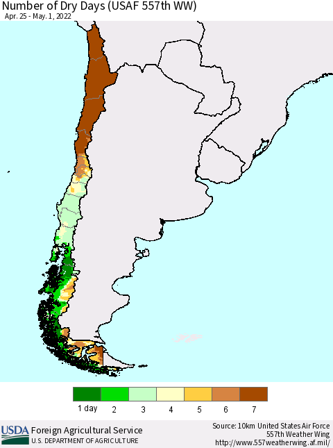 Chile Number of Dry Days (USAF 557th WW) Thematic Map For 4/25/2022 - 5/1/2022