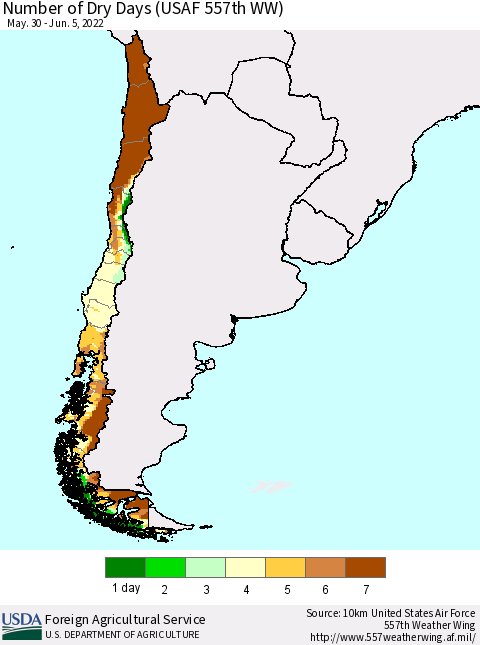 Chile Number of Dry Days (USAF 557th WW) Thematic Map For 5/30/2022 - 6/5/2022