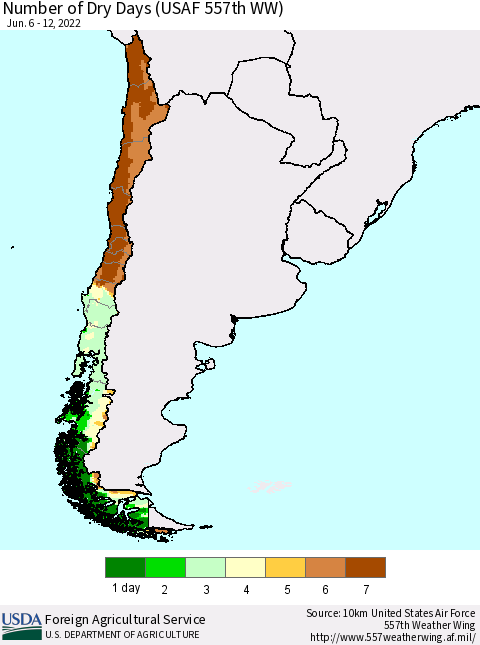 Chile Number of Dry Days (USAF 557th WW) Thematic Map For 6/6/2022 - 6/12/2022