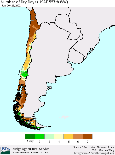 Chile Number of Dry Days (USAF 557th WW) Thematic Map For 6/20/2022 - 6/26/2022