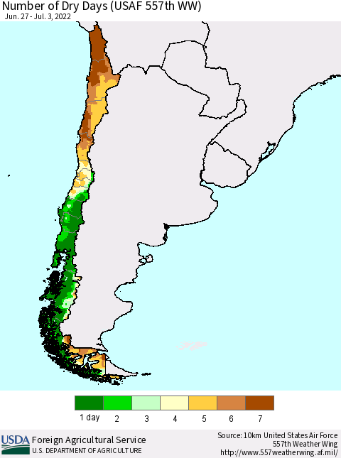 Chile Number of Dry Days (USAF 557th WW) Thematic Map For 6/27/2022 - 7/3/2022