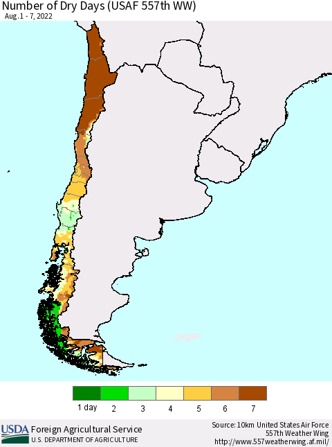 Chile Number of Dry Days (USAF 557th WW) Thematic Map For 8/1/2022 - 8/7/2022