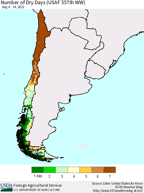 Chile Number of Dry Days (USAF 557th WW) Thematic Map For 8/8/2022 - 8/14/2022