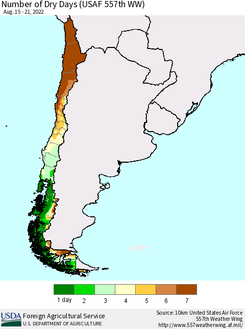 Chile Number of Dry Days (USAF 557th WW) Thematic Map For 8/15/2022 - 8/21/2022