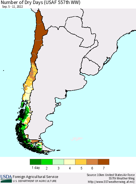 Chile Number of Dry Days (USAF 557th WW) Thematic Map For 9/5/2022 - 9/11/2022