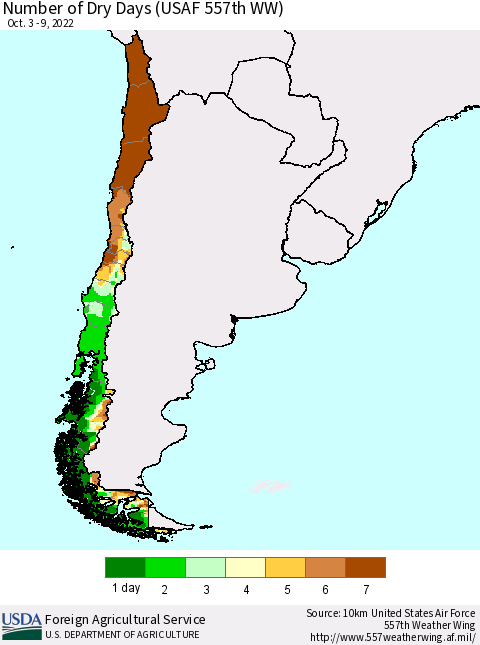 Chile Number of Dry Days (USAF 557th WW) Thematic Map For 10/3/2022 - 10/9/2022