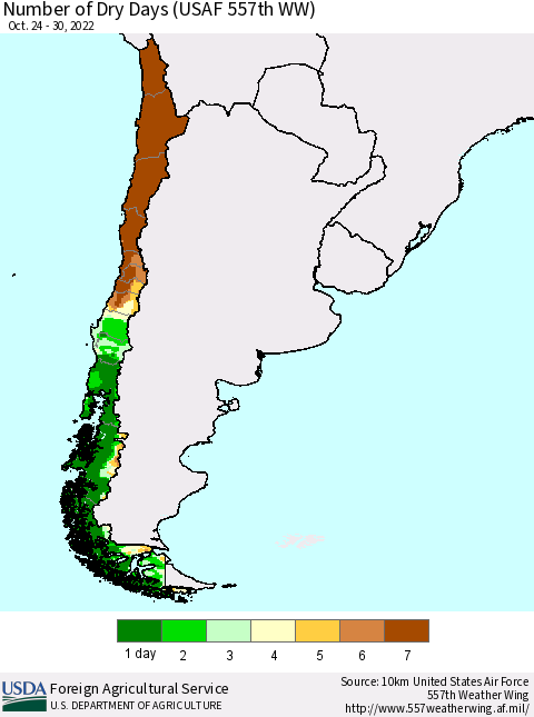 Chile Number of Dry Days (USAF 557th WW) Thematic Map For 10/24/2022 - 10/30/2022