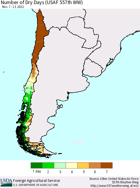 Chile Number of Dry Days (USAF 557th WW) Thematic Map For 11/7/2022 - 11/13/2022